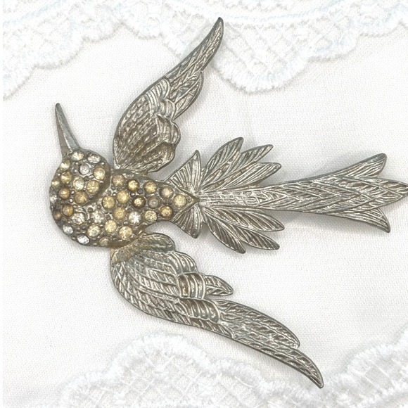 Vintage Pot Metal Champagne Rhinestone Bird Pin Brooch Silver Tone